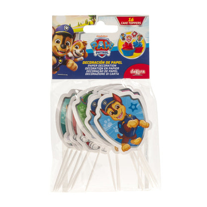Set van 16 Paw Patrol taarttoppers op prikkers met 8 verschillende figuren voor taart en cupcakes