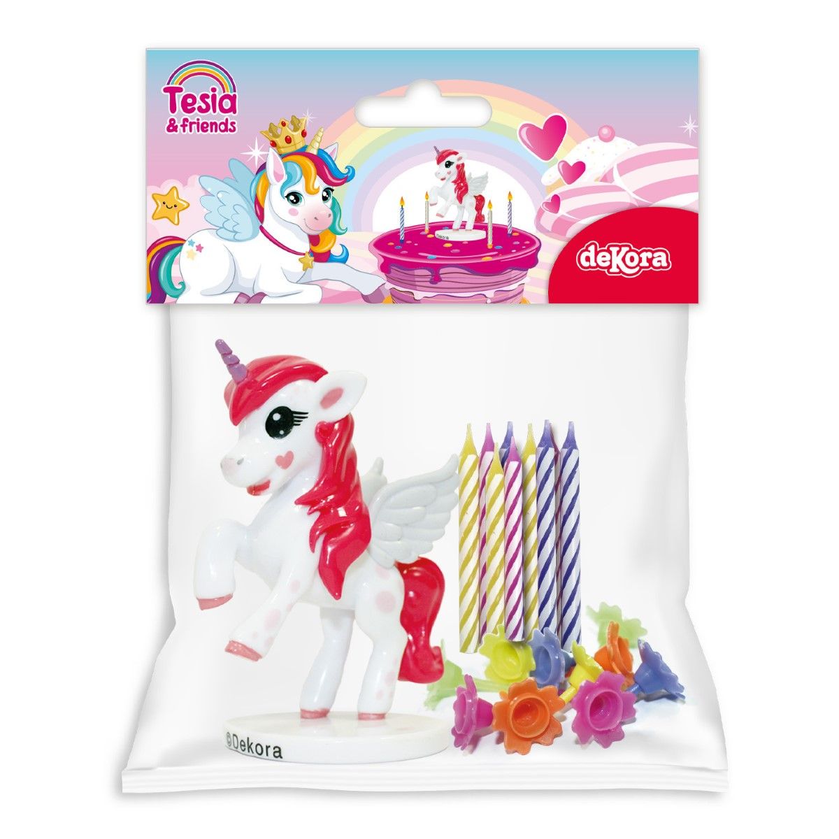 Verpakking van de DeKora Tesia unicorn taarttopper set met eenhoorn figuurtje, verjaardagskaarsjes en bloem decoraties voor het decoreren van taarten