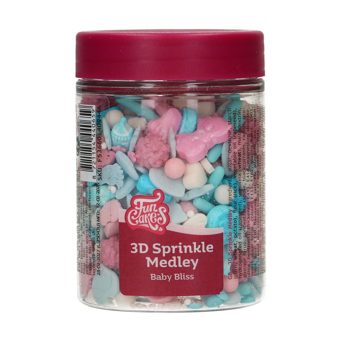 Potje FunCakes 3D Sprinkle Medley Baby Bliss – blauwe en roze suikerfiguurtjes voor geboortetaart of babyshower
