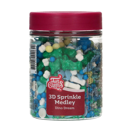 Potje FunCakes 3D Sprinkle Medley Dino Dream – blauwe en groene mix met dino’s, botjes en suikerparels
