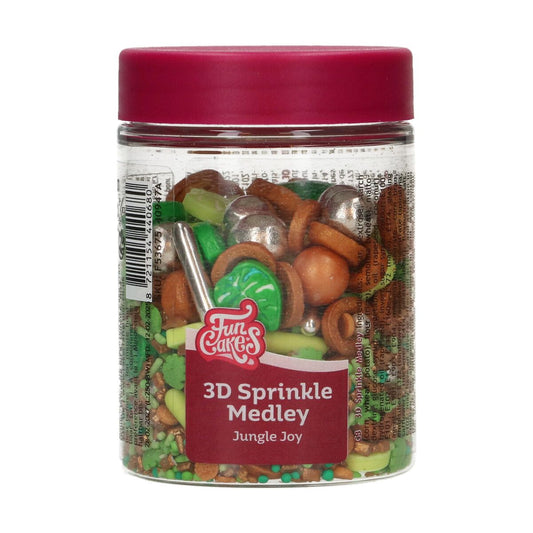 Potje FunCakes 3D Sprinkle Medley Jungle Joy – groene en bruine taartdecoratie met suikerfiguurtjes in junglethema
