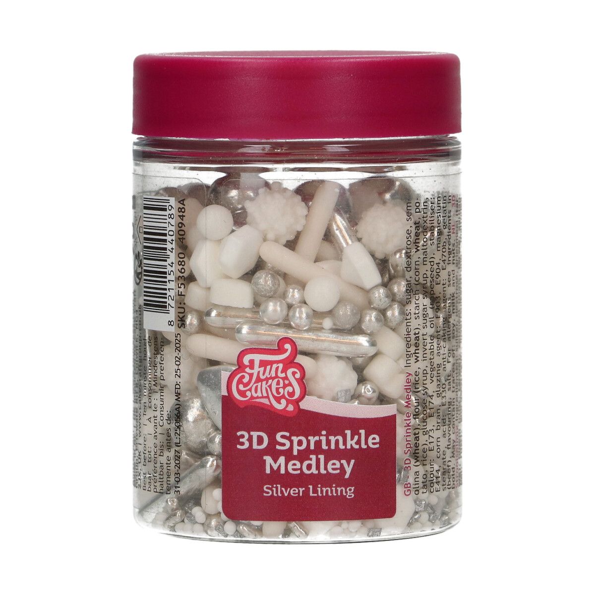 Potje FunCakes 3D Sprinkle Medley Silver Lining – wit-zilveren mix met parels en suikerfiguren
