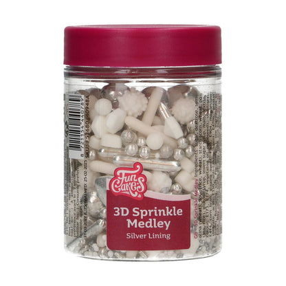 Potje FunCakes 3D Sprinkle Medley Silver Lining – wit-zilveren mix met parels en suikerfiguren
