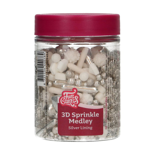 Potje FunCakes 3D Sprinkle Medley Silver Lining – wit-zilveren mix met parels en suikerfiguren
