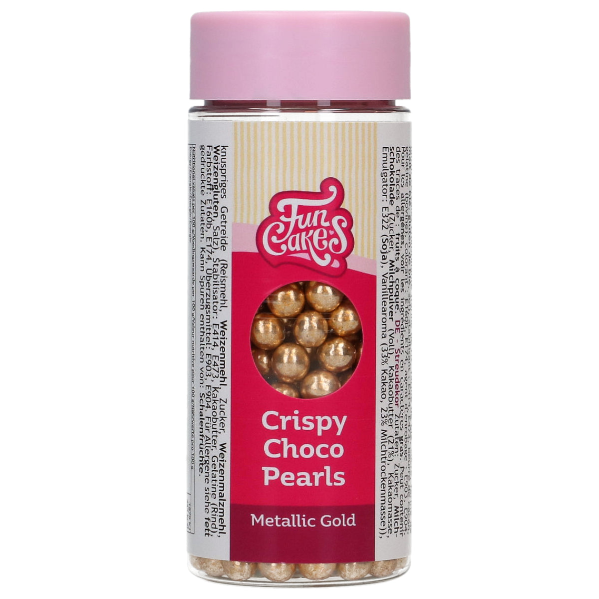 Verpakking FunCakes Crispy Choco Parels goud 60 g, knapperige goudkleurige chocoparels