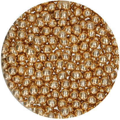 FunCakes Crispy Choco Parels goud van dichtbij, knapperige goudkleurige parels voor op koekjes