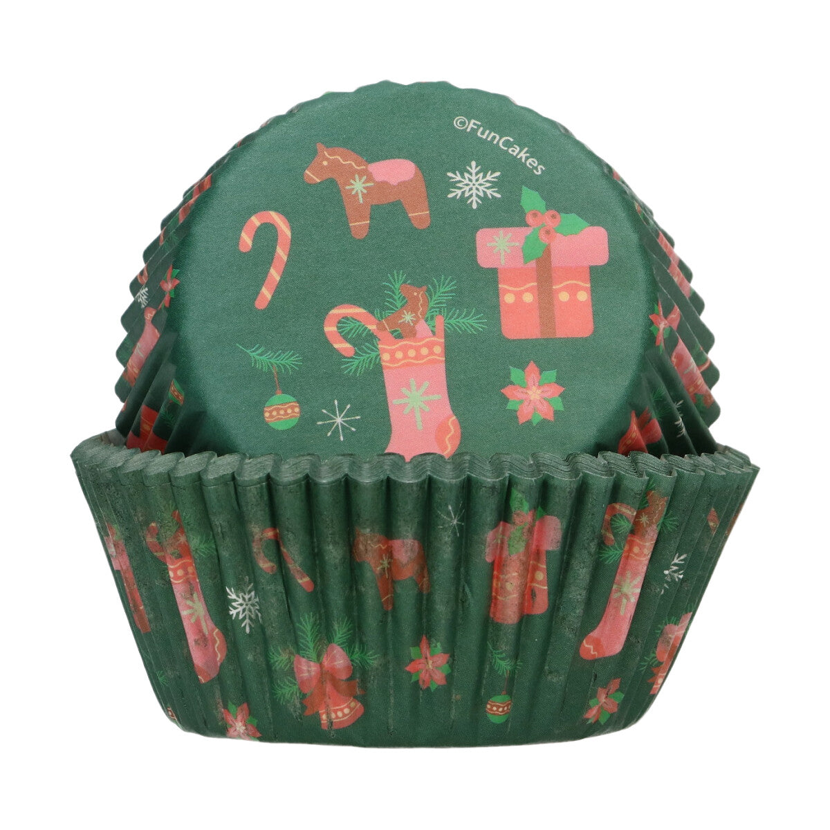 FunCakes cupcakevormpje Sweet Christmas van dichtbij, groen met kerstmotief van sokken en bomen