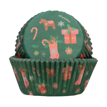 FunCakes cupcakevormpje Sweet Christmas van dichtbij, groen met kerstmotief van sokken en bomen