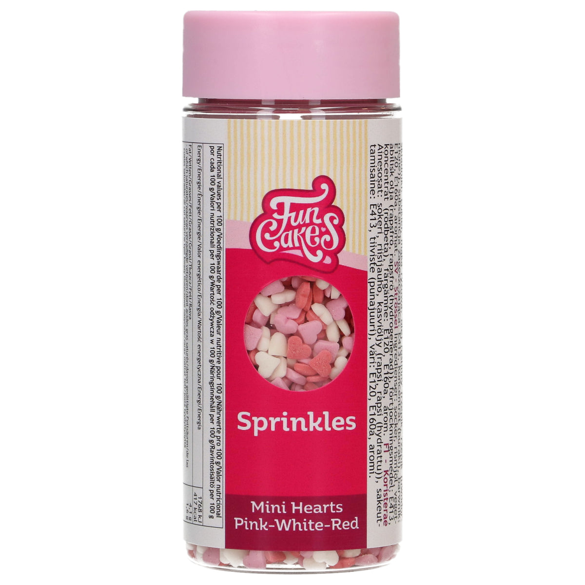 Strooibus FunCakes mini hartjes 60 g, roze, witte en rode suikerhartjes voor op koekjes en taart