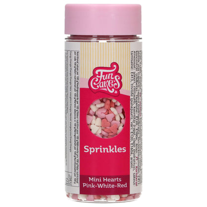 Strooibus FunCakes mini hartjes 60 g, roze, witte en rode suikerhartjes voor op koekjes en taart