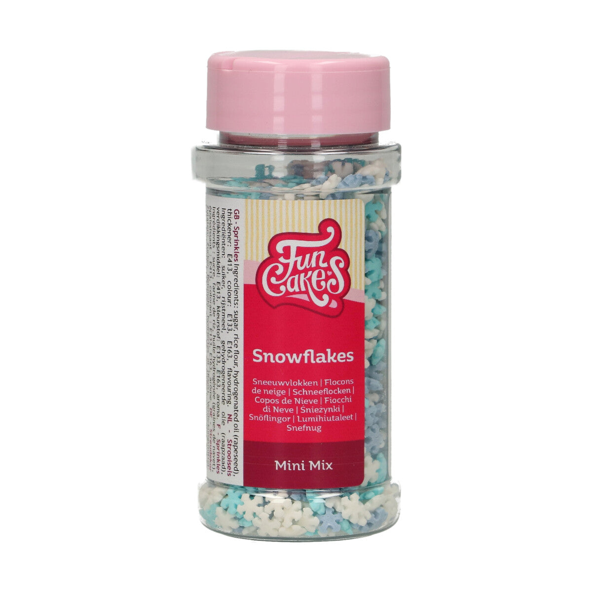 Strooibus FunCakes mini sneeuwvlokjes mix 50 g met witte en blauwe sneeuwvlokjes voor kerstkoekjes
