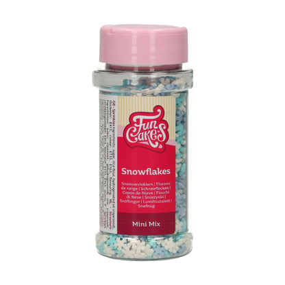 Strooibus FunCakes mini sneeuwvlokjes mix 50 g met witte en blauwe sneeuwvlokjes voor kerstkoekjes