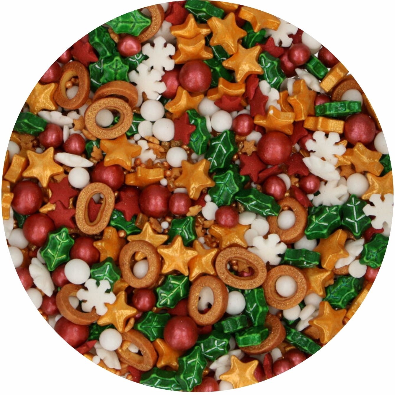 FunCakes Mistletoe Kisses sprinkles van dichtbij: groene blaadjes, rode besjes en gouden sterren