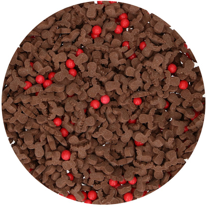 FunCakes Rendier Mix sprinkles van dichtbij: bruine rendiertjes en rode stipjes voor kerstkoekjes