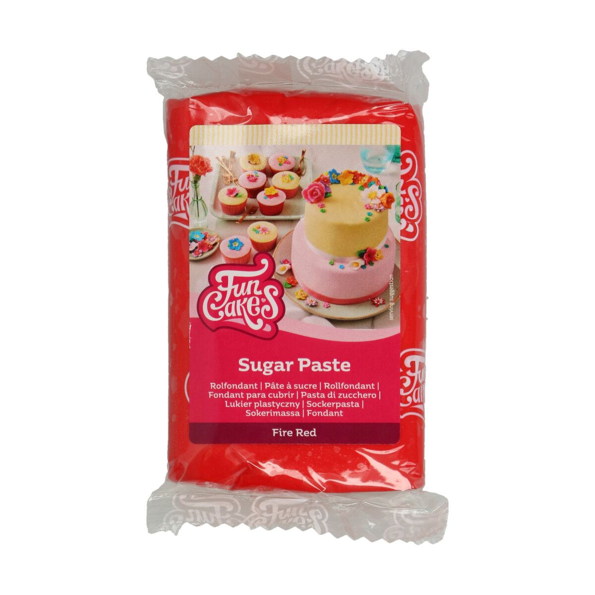Verpakking FunCakes Rolfondant Fire Red – felrode suikerpasta van 250g met vanillesmaak
