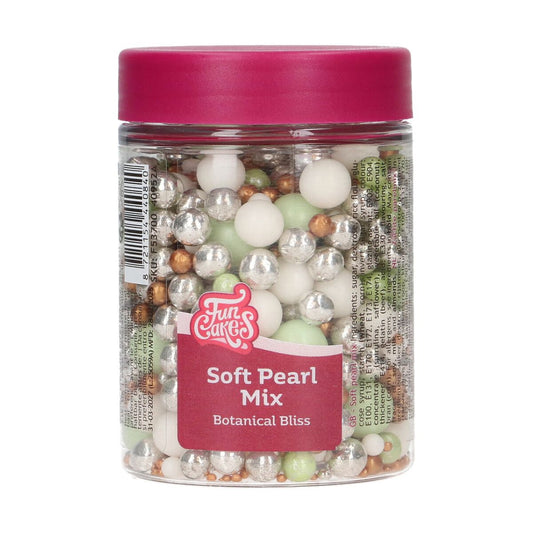 Potje FunCakes Soft Pearl Mix Botanical Bliss – zachte eetbare parels in wit, zilver, groen en koper
