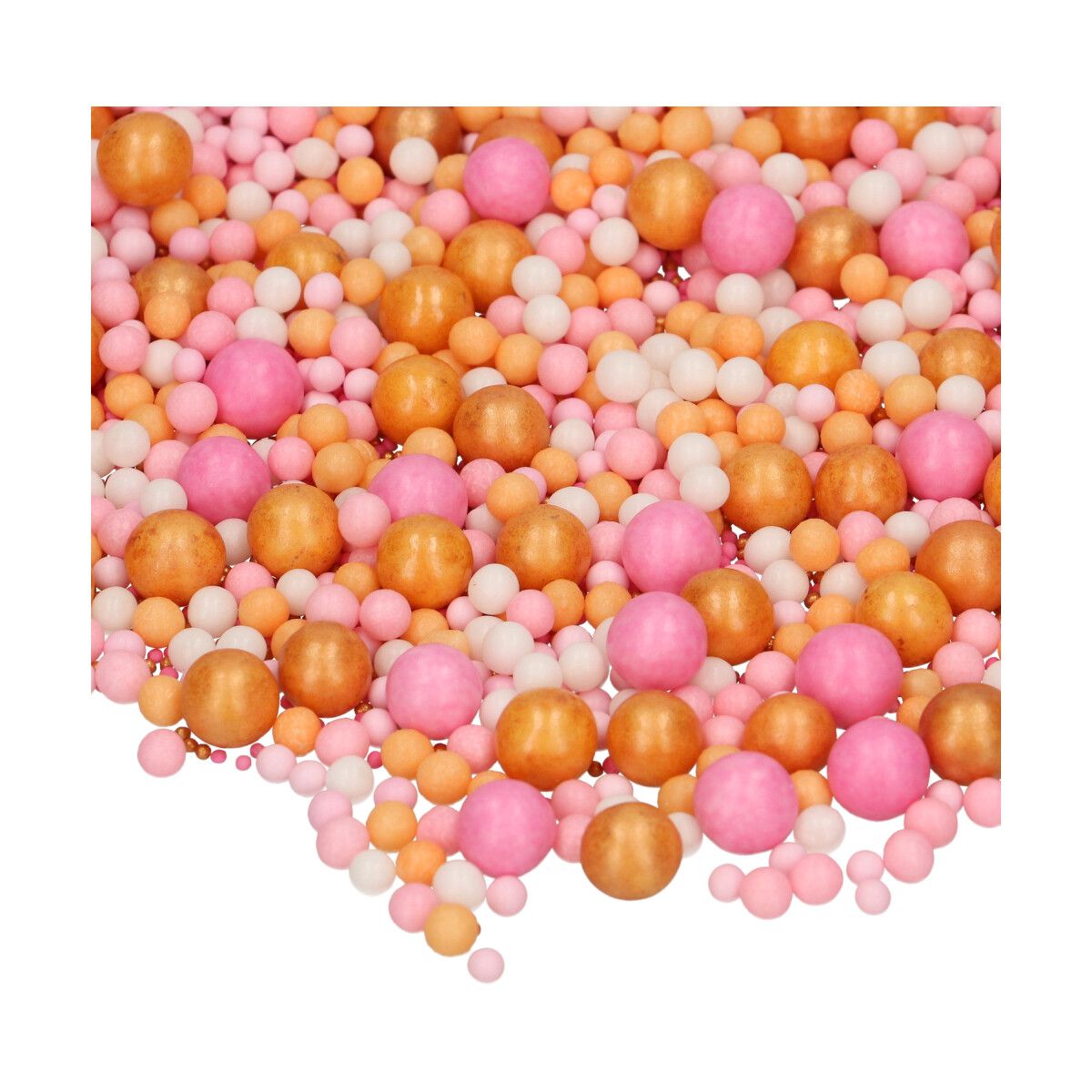 Detail van de FunCakes Soft Pearl Mix Summer Sunset met oranje, roze en witte suikerparels op witte achtergrond, ideaal voor zomerse koekjes en taarten decoreren