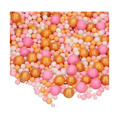 Detail van de FunCakes Soft Pearl Mix Summer Sunset met oranje, roze en witte suikerparels op witte achtergrond, ideaal voor zomerse koekjes en taarten decoreren