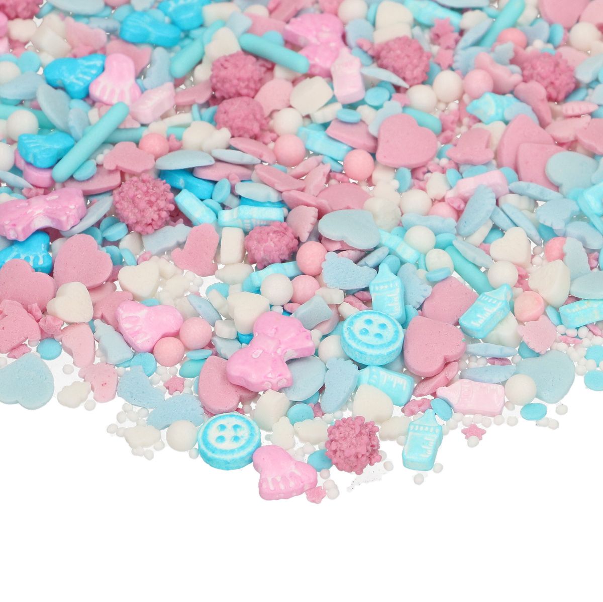 FunCakes Baby Bliss sprinkles uitgestrooid met roze en blauwe hartjes, beertjes, flesjes en knoopjes, ideaal voor het decoreren van babyshower koekjes