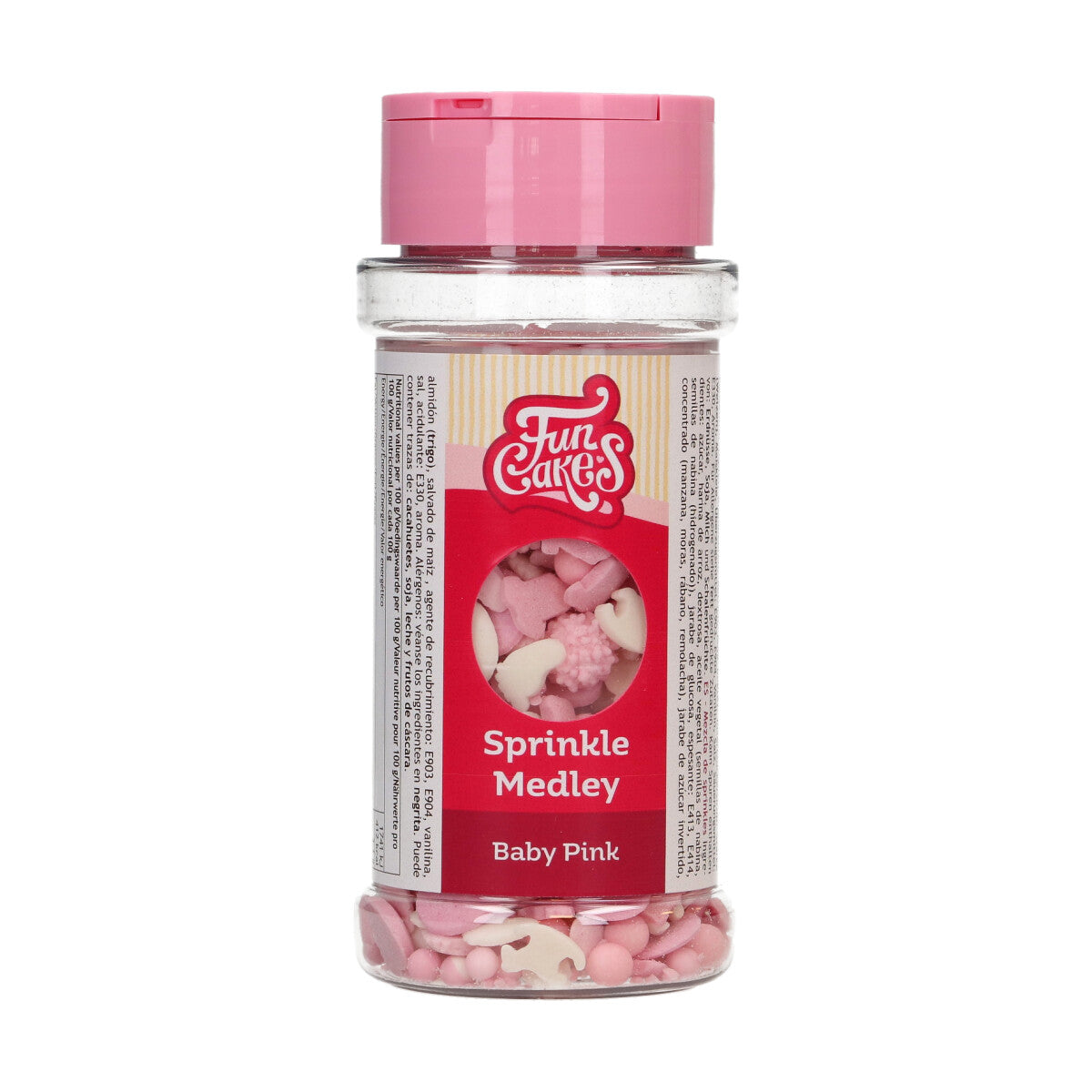 Strooibus FunCakes Sprinkle Medley Baby Roze 50 g, roze en witte sprinklemix voor op koekjes