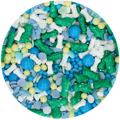 Kleurrijke mix van groene dinosaurussen, witte botjes en suikerparels uit de FunCakes Dino Dream sprinkle medley, leuk voor het decoreren van koekjes
