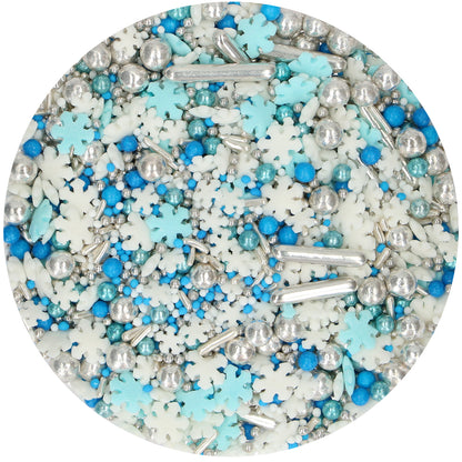 FunCakes Sprinkle Medley Frosty van dichtbij, blauwe, witte en zilveren wintersprinkles