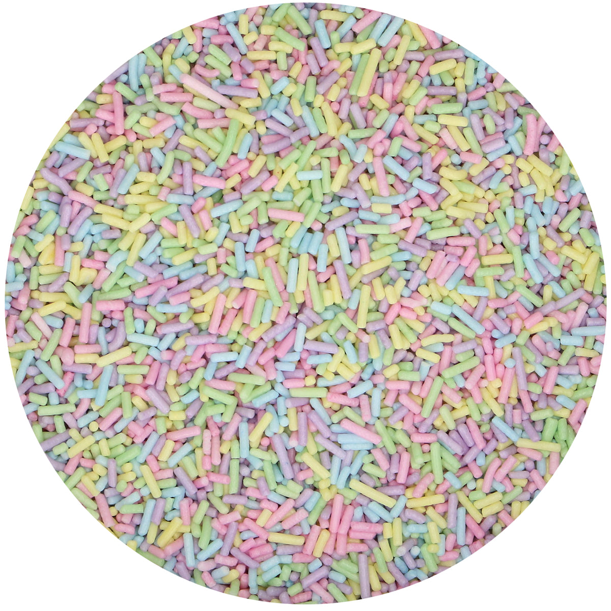 FunCakes Sugar Strands Pastel van dichtbij, lange pastelkleurige sprinkels