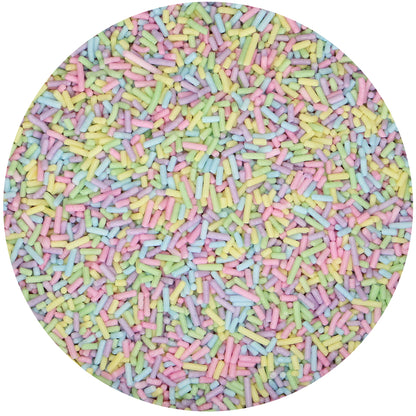 FunCakes Sugar Strands Pastel van dichtbij, lange pastelkleurige sprinkels