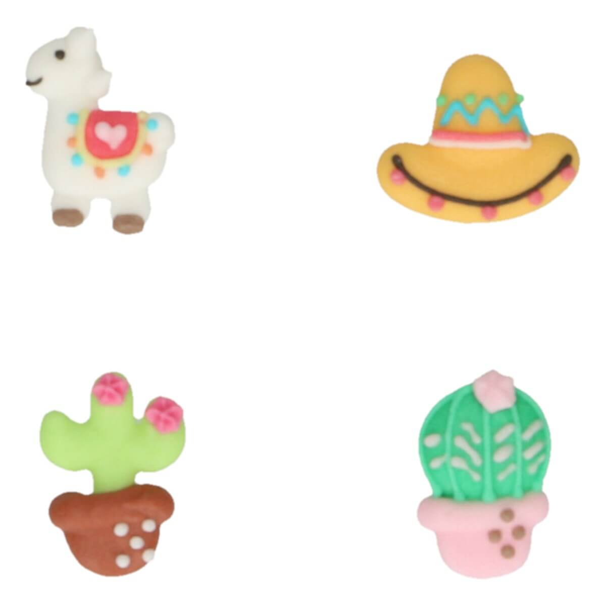 Eetbare FunCakes alpaca-decoraties van dichtbij, met sombrero en cactus