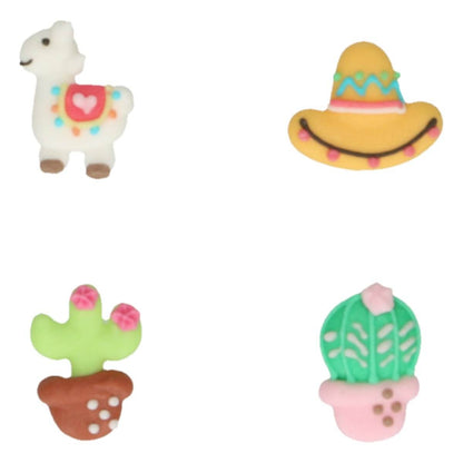 Eetbare FunCakes alpaca-decoraties van dichtbij, met sombrero en cactus