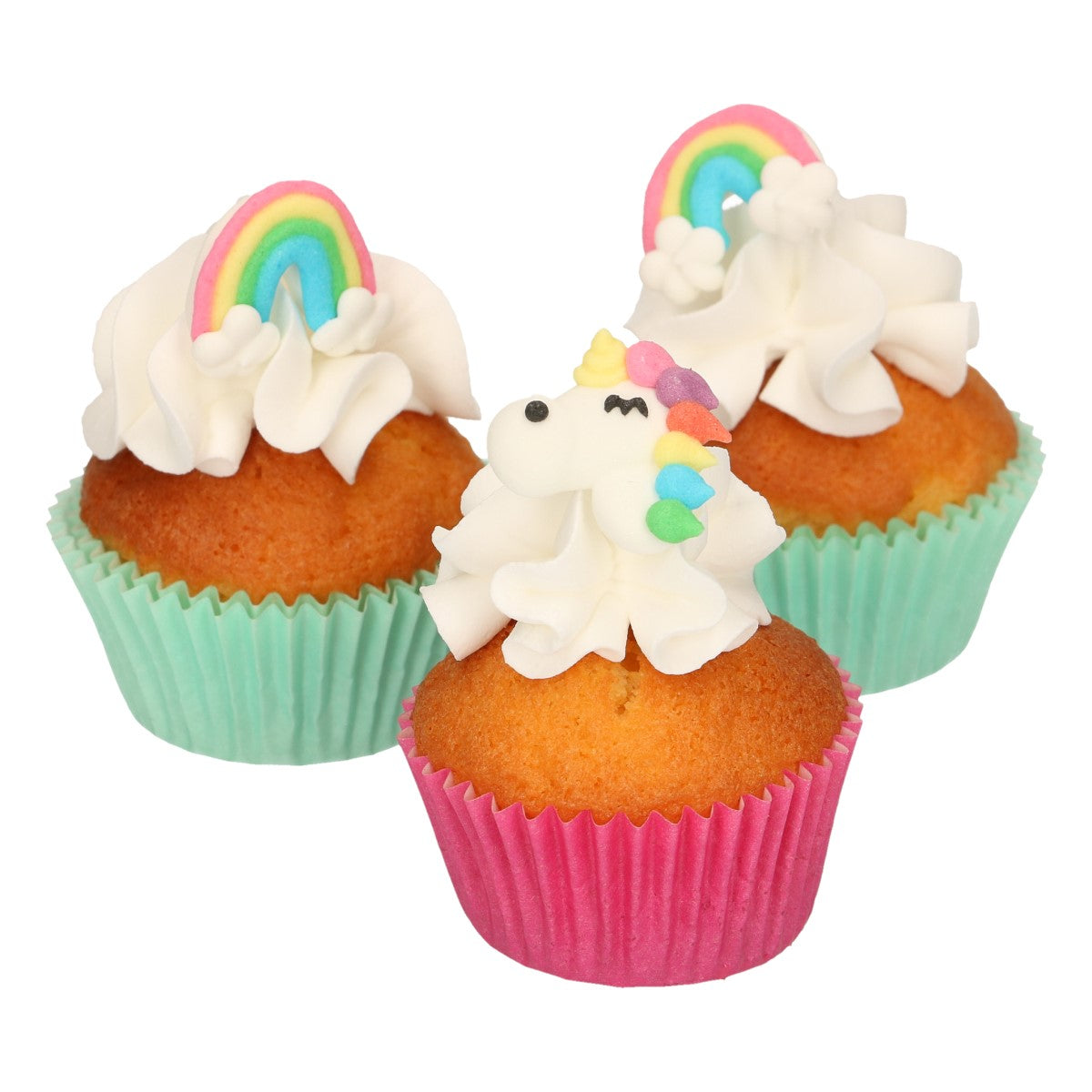 Cupcakes versierd met FunCakes eenhoorn- en regenboog suikerdecoraties