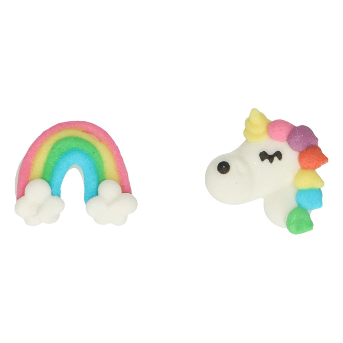 Eetbare suikerdecoraties van FunCakes: een regenboog en een eenhoorn van dichtbij