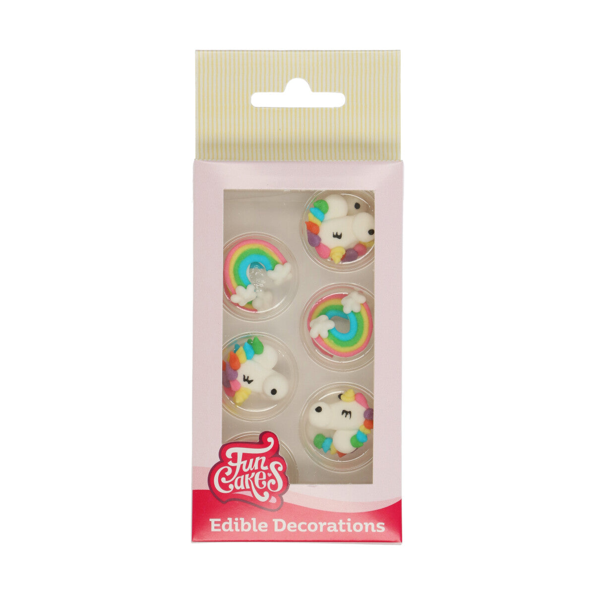 Verpakking FunCakes suikerdecoratie eenhoorn en regenboog, set van 12 eetbare decoraties