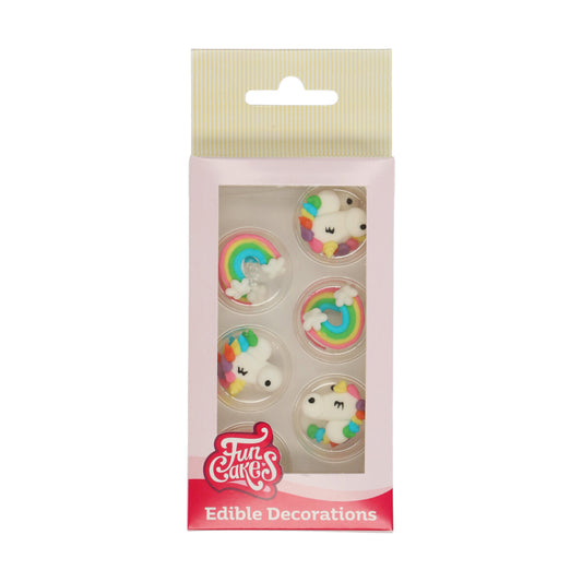 Verpakking FunCakes suikerdecoratie eenhoorn en regenboog, set van 12 eetbare decoraties