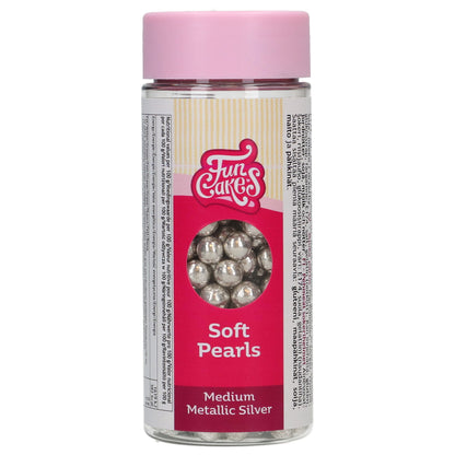 Strooibus FunCakes zachte parels zilver 55 g, metallic zilveren suikerparels voor op koekjes en taart