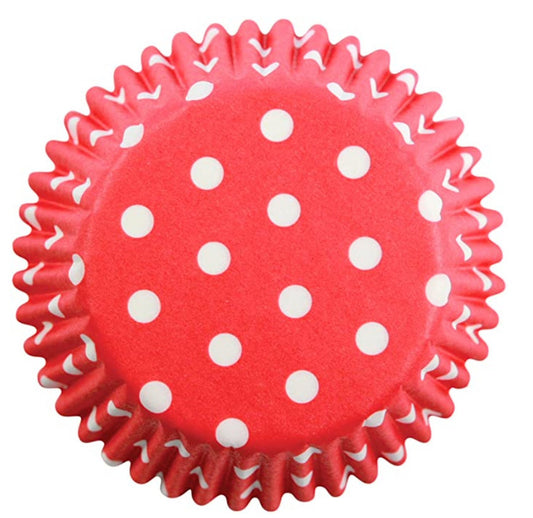 PME mini cupcake vormpjes rood met polka dot stippen, verpakking met 100 stuks