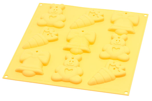 Geeloranje siliconen bakvorm Silikomart My Easter Cookies met 9 paasvormpjes: paashazen met hartje, worteltjes en paasklokken met strik