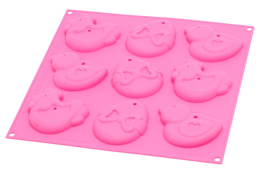 Roze siliconen bakvorm Silikomart My Easter Cookies met 9 paasvormpjes: kipjes, eieren met strikje en kuikentjes met een hartje