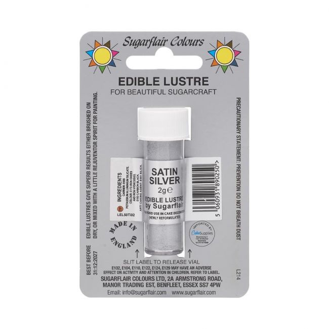 Potje Sugarflair Edible Lustre Satin Silver, zilveren eetbare glansdust van 2 gram