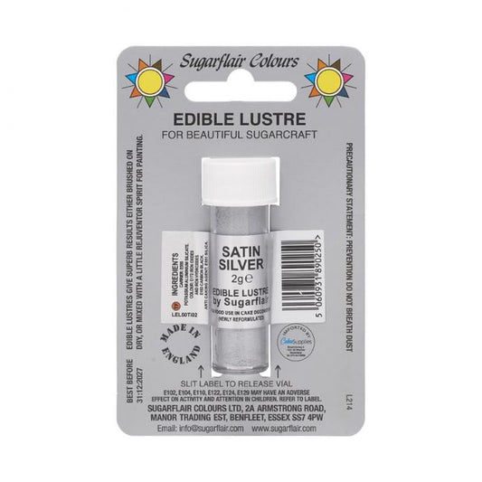 Potje Sugarflair Edible Lustre Satin Silver, zilveren eetbare glansdust van 2 gram