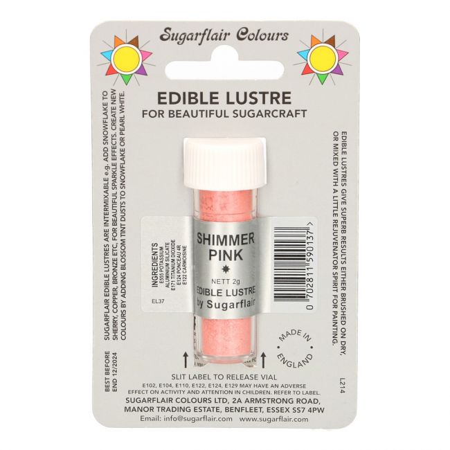 Potje Sugarflair Edible Lustre Shimmer Pink, roze eetbare glansdust van 2 gram