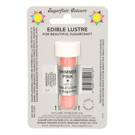 Potje Sugarflair Edible Lustre Shimmer Pink, roze eetbare glansdust van 2 gram