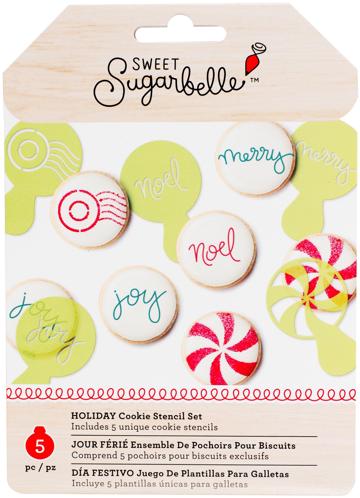 Verpakking van de Sweet Sugarbelle Holiday stencil set met 5 kerststencils en voorbeeldkoekjes met de teksten merry, noel en joy, een pepermunt-swirl en een poststempel-motief
