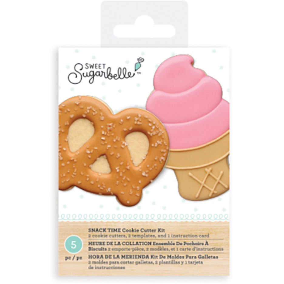 Sweet Sugarbelle Snack Time uitstekers van een ijshoorntje en een krakeling met sjablonen en instructiekaart