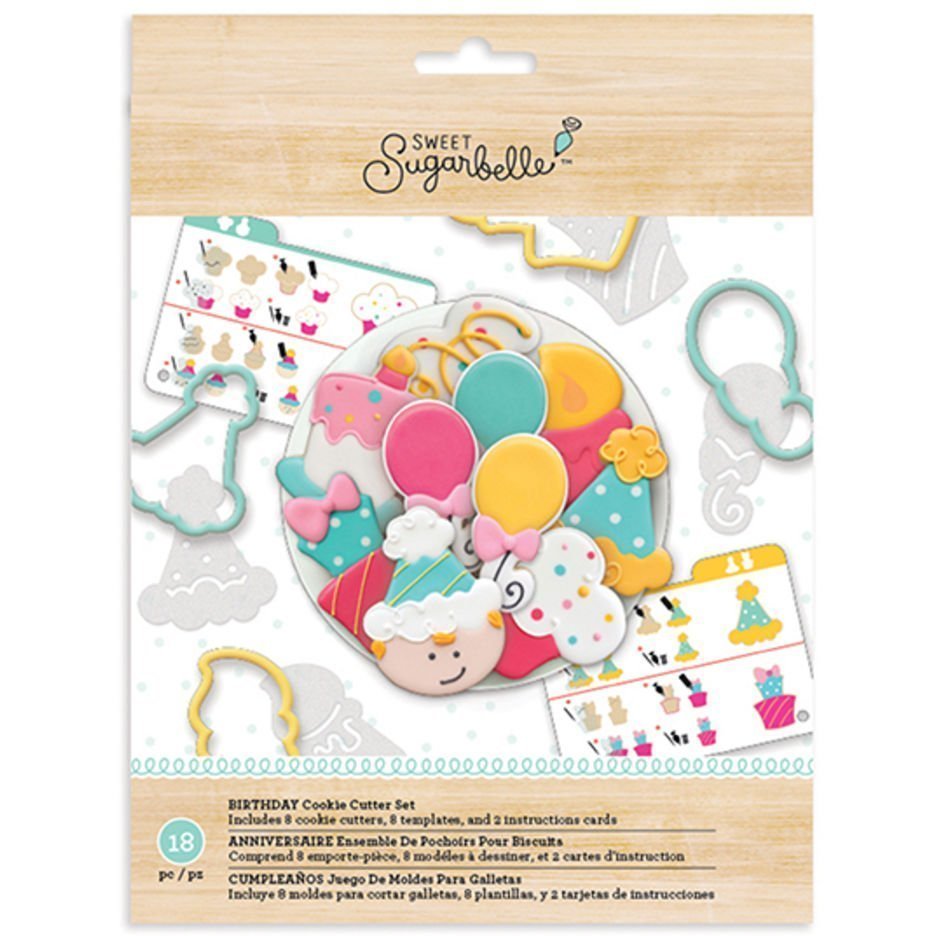 Sweet Sugarbelle Birthday uitstekerset met ballon, taart, cadeautje, kaars, cupcake, feestmuts en plaque