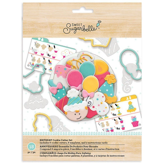 Sweet Sugarbelle Birthday uitstekerset met ballon, taart, cadeautje, kaars, cupcake, feestmuts en plaque