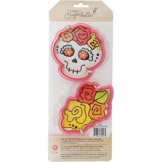 Sweet Sugarbelle Day of the Dead uitstekers van een sugar skull en bloemen met sjablonen