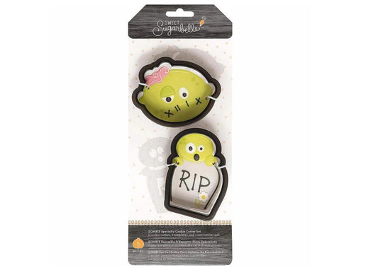 Sweet Sugarbelle zombie-uitstekerset met een zombie en een grafsteen, sjablonen en instructiekaart voor Halloween-koekjes