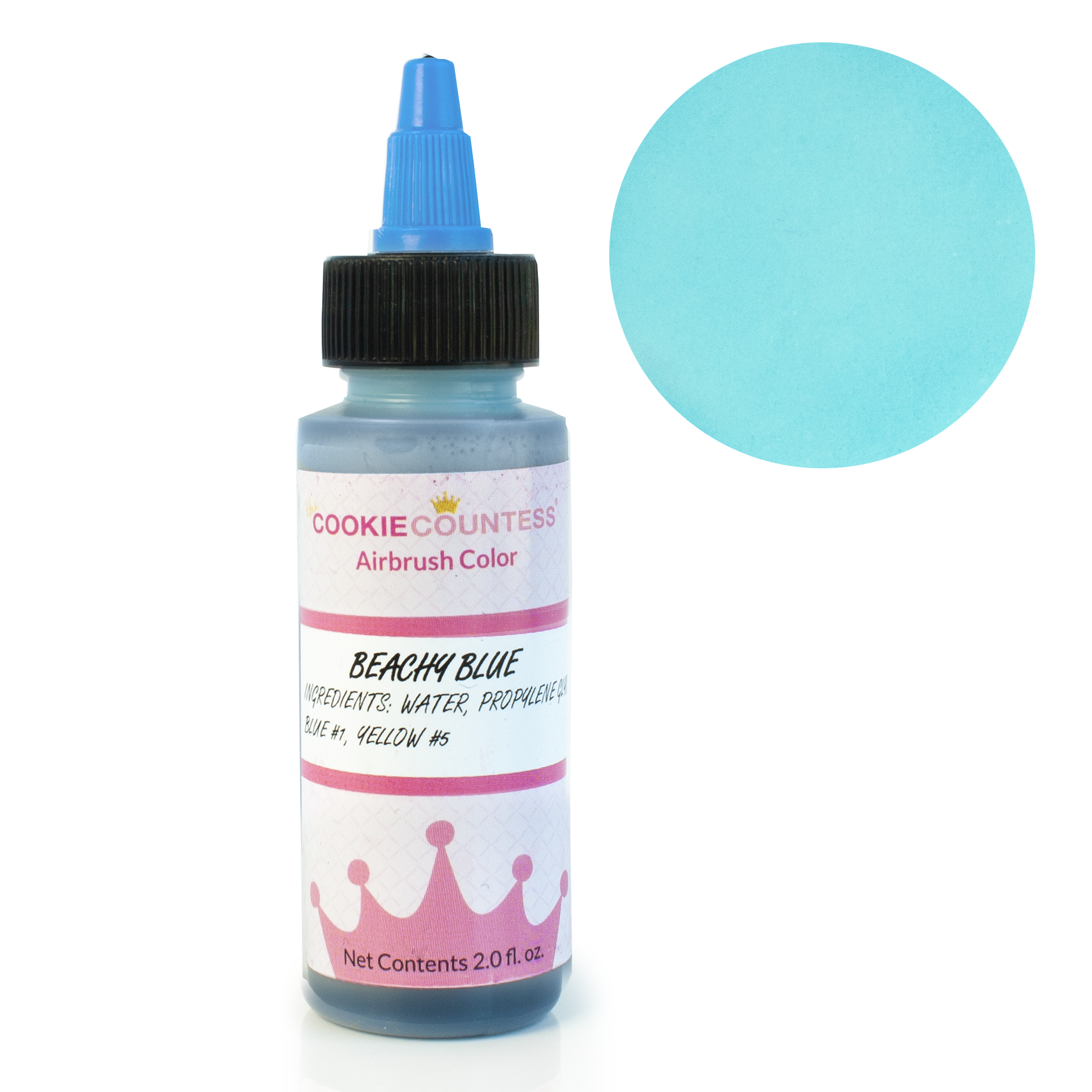 Flesje The Cookie Countess Beachy Blue airbrush kleurstof lichtblauw op waterbasis, 59 ml