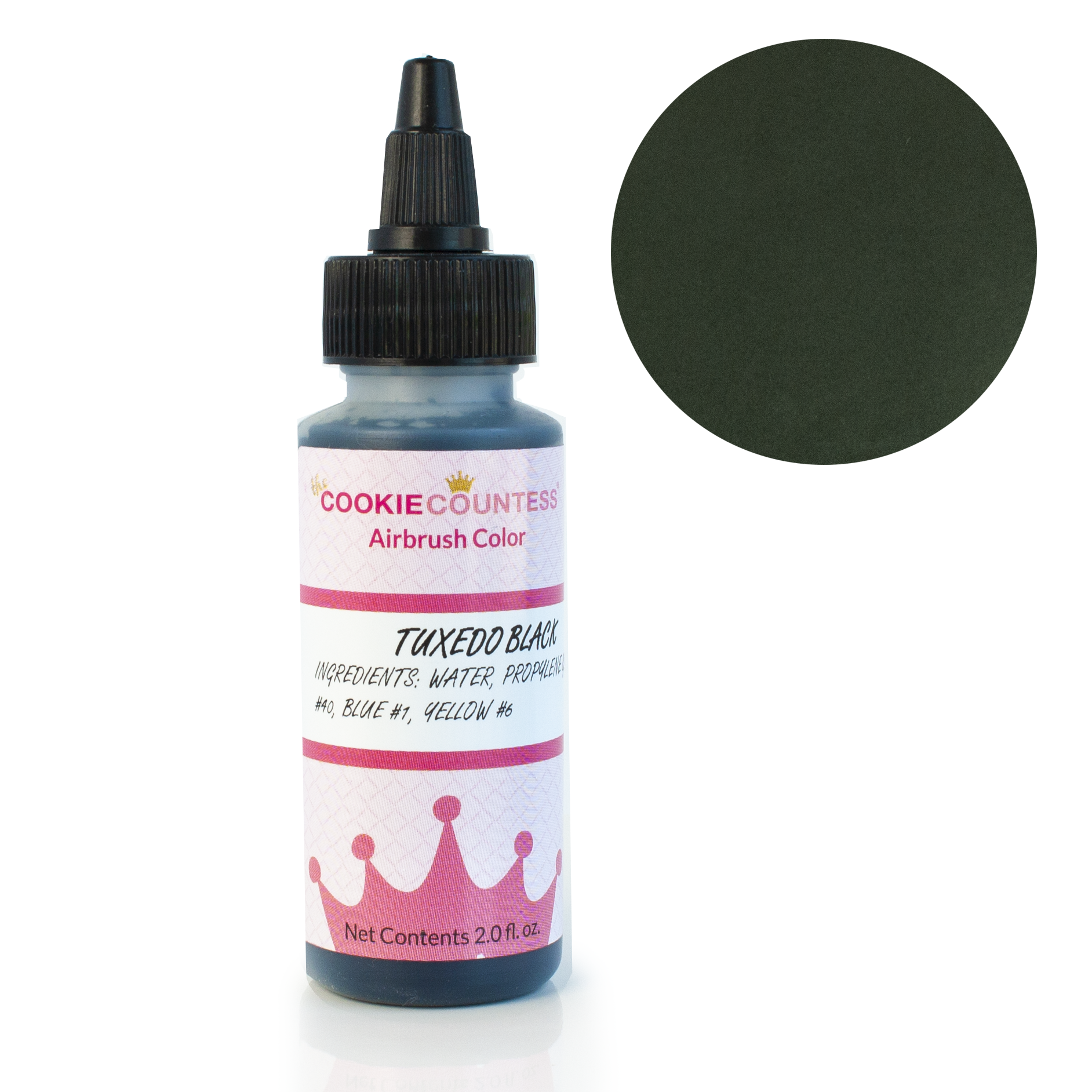 Flesje The Cookie Countess Tuxedo Black airbrush kleurstof zwart op waterbasis, 59 ml